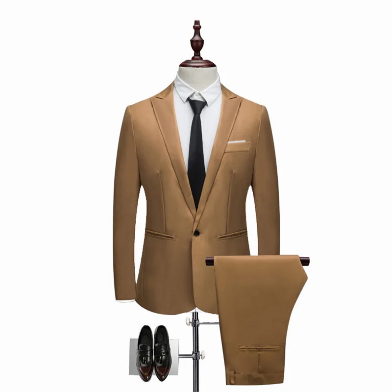 HEFLASHOR Luxury Men Wedding Suit Male Blazers Slim Suits For Men Costume Business Formal Party Blazers Sets(Jacket+Pant) 3XL - Цвет: Khaki