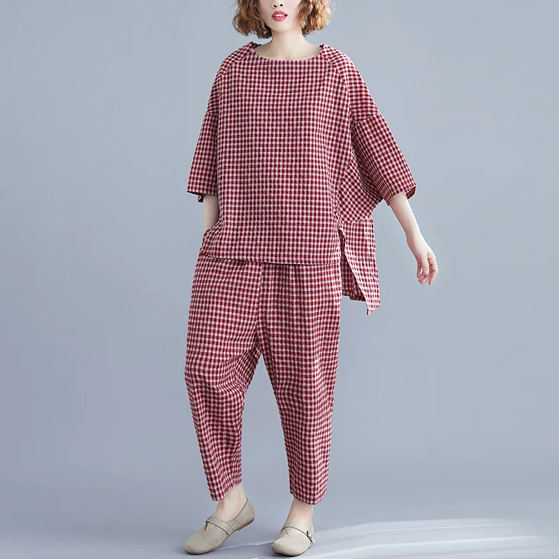

Johnature 2019 Summer 2 Piece Set Women Simple Comfortable Loose Cotton And Linen Plaid O-neck Tops Elastic Waist pant Women Set