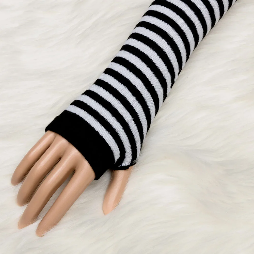 Модные зимние женские хлопковые длинные рукава теплые черные полосатые рукавицы девушки без пальцев Вязаные длинные перчатки подарок