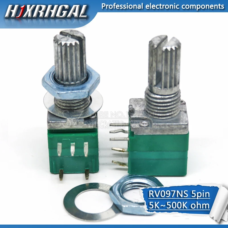 buy 2pcs RV097NS 500Kohm single linked potentiometer B500K with a switch audio 5pin shaft 15mm power amplifier sealing potentiometer