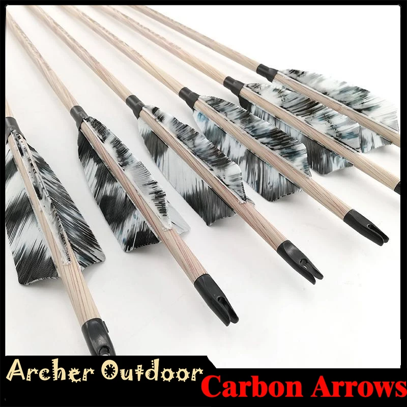 

6/12pc Spine 400 500 600 Pure Carbon Arrows ID6.2mm 4" Turkey Feathers 100gr Points Compound Traditional Bow Hunting Archery new