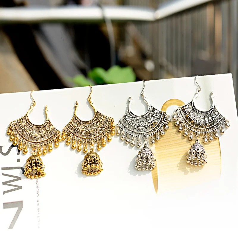 Женские винтажные золотистые серьги Jhumka Jhumki индийские ювелирные украшения в