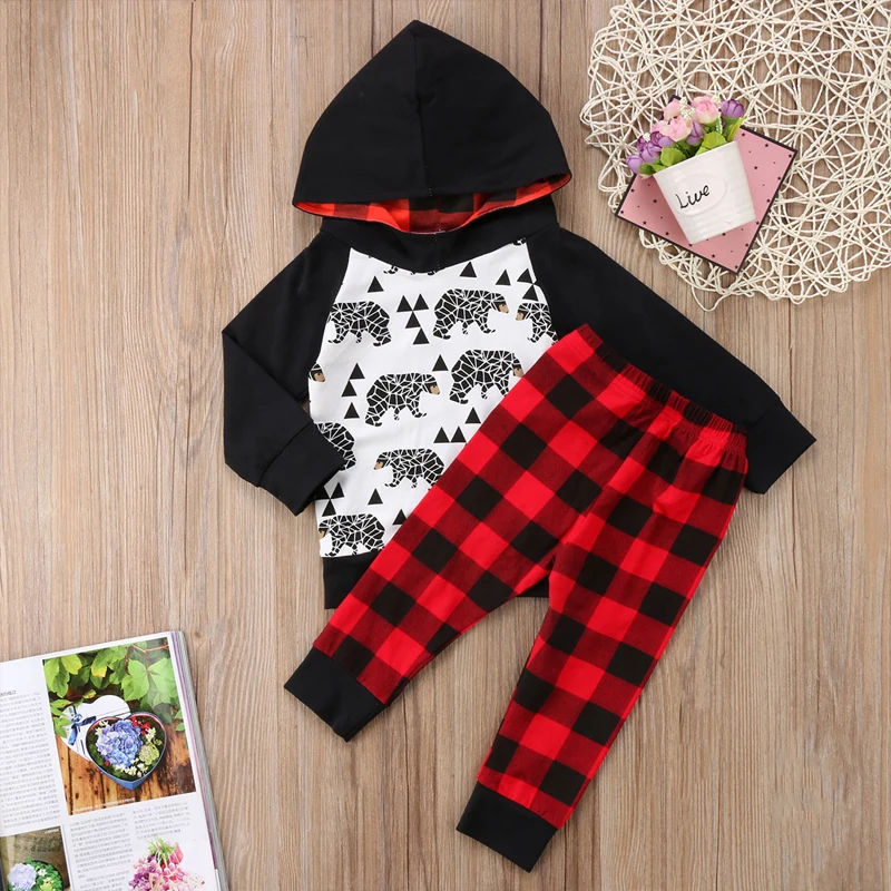 Одежда для малышей из 2 предметов толстовка с капюшоном с длинными рукавами и рисунком для новорожденных мальчиков Топ + клетчатые штаны