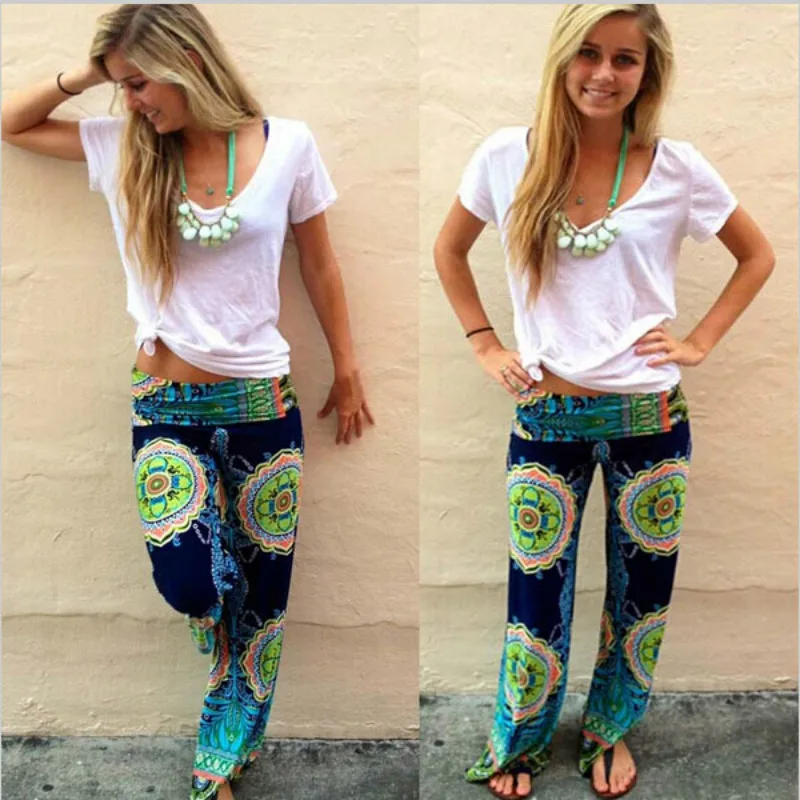 

Floral Casual Wide Leg Long Harem Pants High Waist Loose Elastic Waist Palazzo Trousers Plus Size New Beach Pants