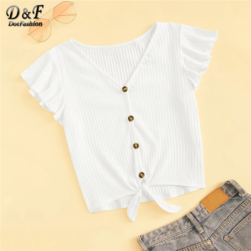 

Dotfashion Flutter Sleeve Button Up Rib-Knit Crop Tee Women 2019 Summer Casual Top V Neck Cap Sleeve Clothes Ladies Cute T-Shirt