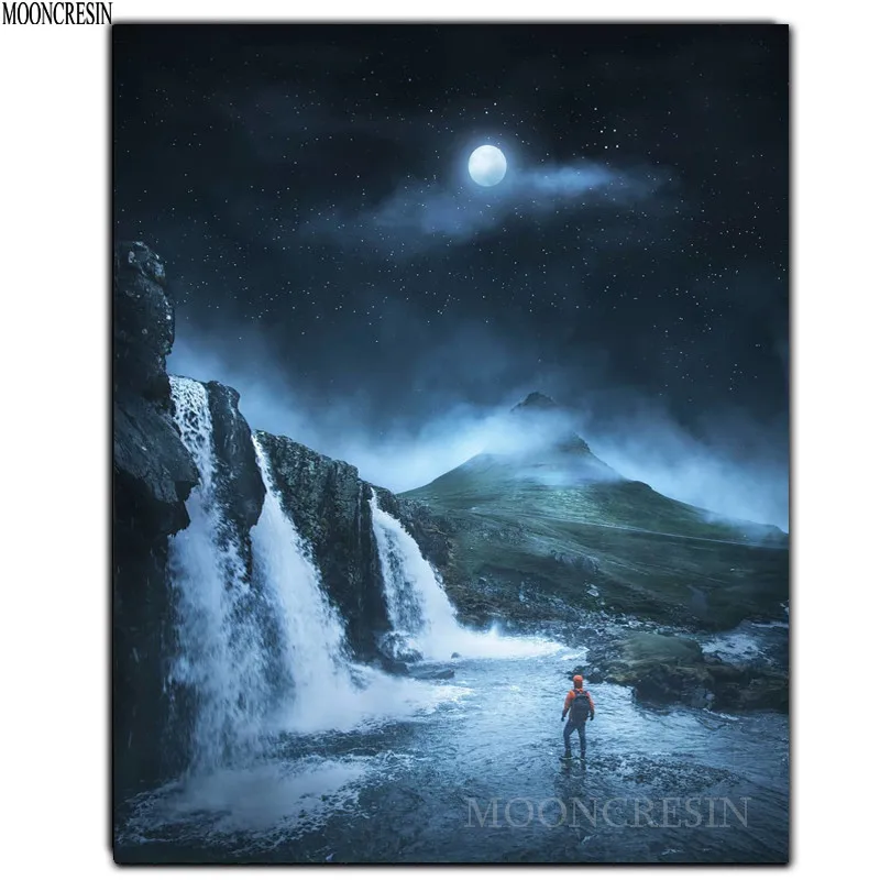 

5D Diy Diamond Painting Cross Stitch Waterfall At Night Needlework 3D Diamond Embroidery Full Round Mosaic Decoration Resin Kits