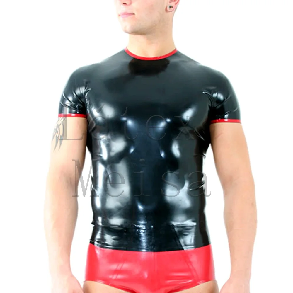

Novelty round neck latex t-shirt short sleeve in black color for men