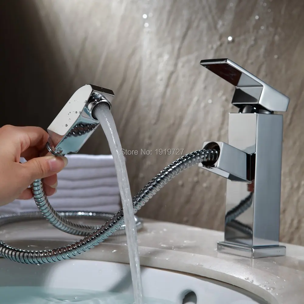 

2016 Bathroom/Kitchen Copper Single Lever Vanity Sink Faucet with Pull-Out Spray Wand, Polished Chrome