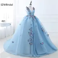 New Arrival Customized V Neck Ball gown evening dresses 2019 Butterfly Beaded Sky blue Formal dresses Party evening gowns