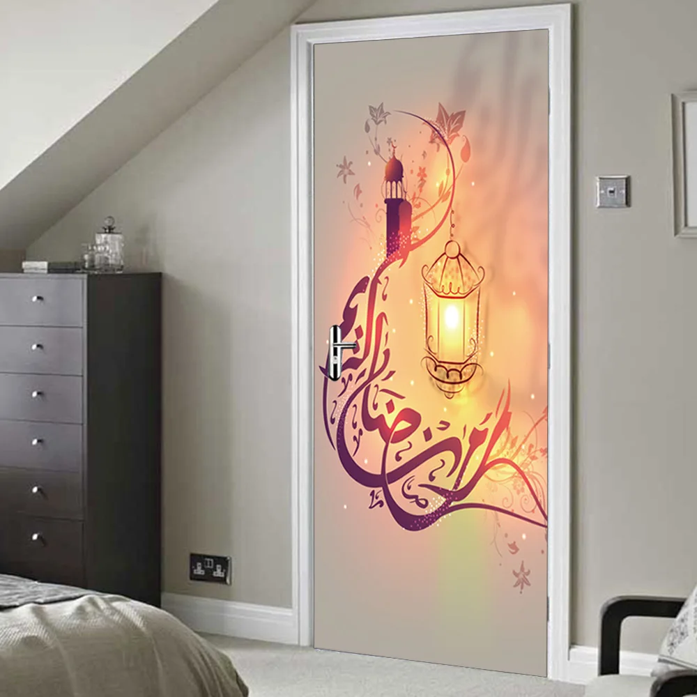 

Muslim Lamp Religious Quality 3D Door Sticker Muslim Creative Home Portal Bedroom Door Decorative PVC Waterproof Wall Stickers
