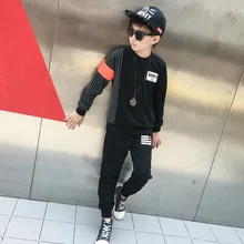Retail 2pcs Sets Brand Handsome Boys Autumn Striped Patchwork Black Pullover+Harem Pant For Boys Tracksuit Kids Sport Suit Sets