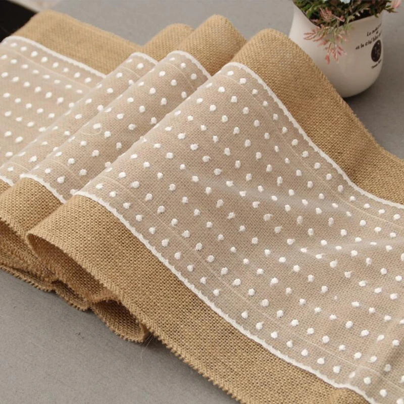 

2.75mx30cm Lace Vintage Natural Burlap Jute Hessian Table Runner Cloth Wedding Party Decor Lace Burlap Table Runner