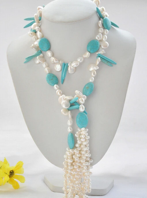 

Jewelr 005423 coin & baroque & rice white freshwater pearl blue turquoise tassels necklace