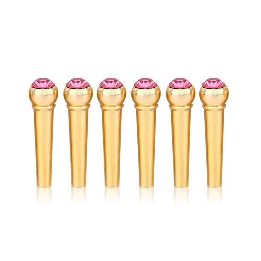 HLBY-6 pcs Bridge Pin for Acoustic Guitar Brass Endpin with beactiful Crystal Glass Dot Gold + Pink | Спорт и развлечения