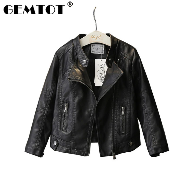 

GEMTOT Children's jacket 2019 spring and autumn new girls zipper V-neck leather children's outerwear coats