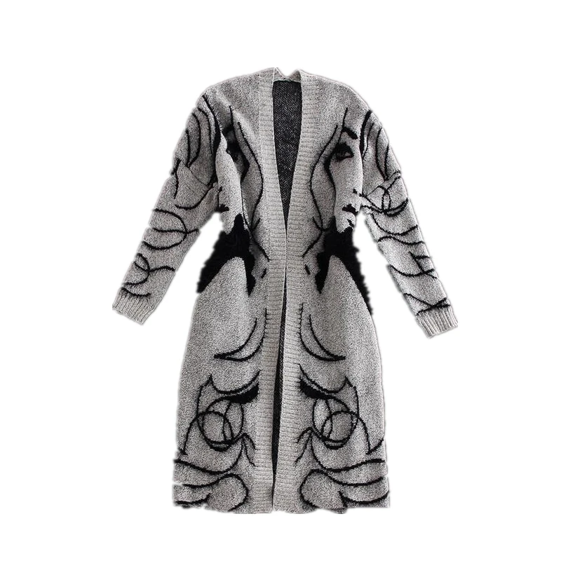 

European Spring Autumn Women New Knit Cardigan Women Pattern Loose Bat Sleeves Long Knitting Cardigan Thick Sweater Trench Coat