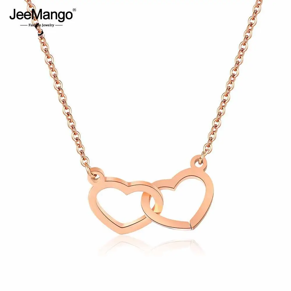 

JeeMango Double Love Heart Shaped Chokers Pendant Necklaces Female Titanium Steel Clavicle Chain Necklace Jewelry Colar JOGX1309