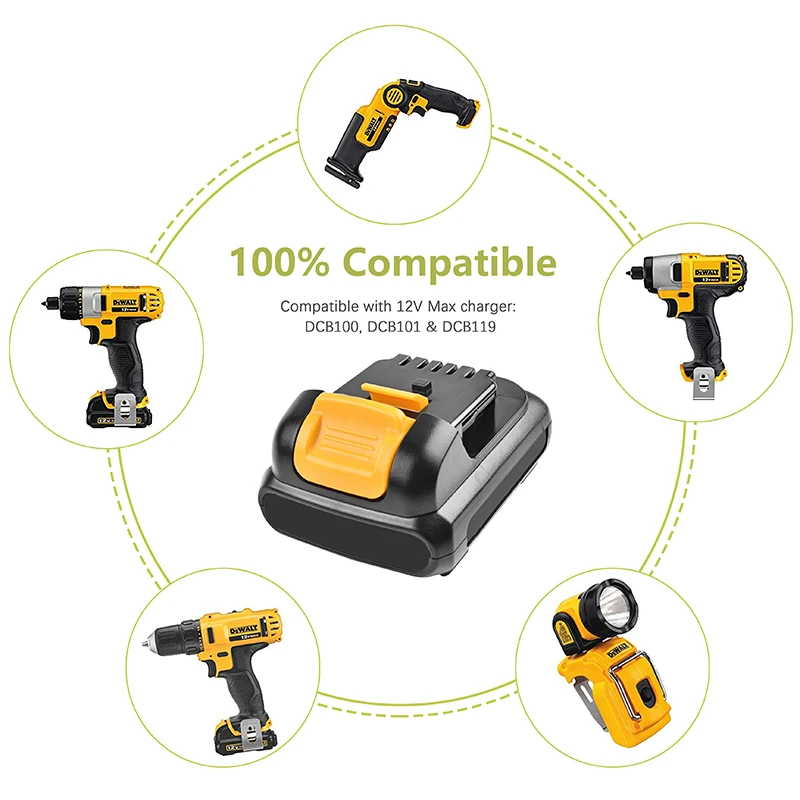 Batcool 2 шт. аккумулятор 2000 мАч для DEWALT DCB120 DCB127 DCB121 12V DCB100 DCB101 DCB119 литий ионный