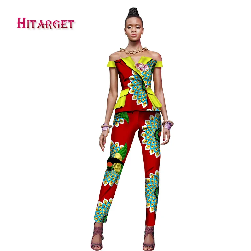 

African Woman Clothing 2 Pieces Set Straight Pants Sets Dashiki Print Slash Neck Coat Crop and Skirt Sets African Clothes WY1642