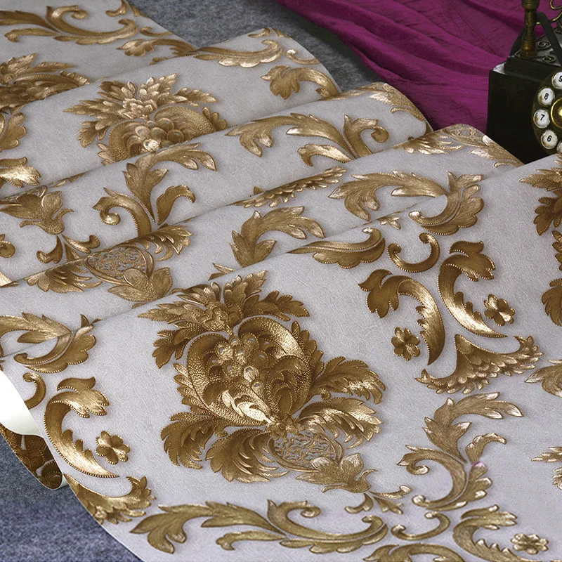 Golden Floral Damask Wallpaper 3d Embossed Pvc Waterproof Wall Paper For Living Room Hotel Ktv
