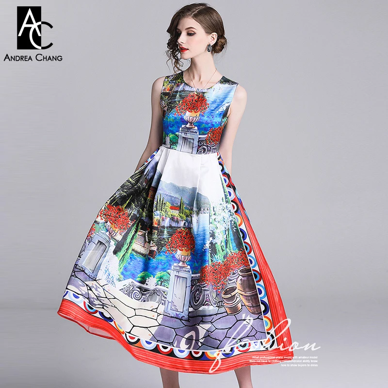 

M-XXL spring summer woman dress landscape pattern print dress ball gown sleeveless o-neck calf length casual long tank dress