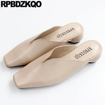 

Cheap Sandals Low Heel Mules Embellished Slides Bow Closed Toe Women Shoes 2019 Spring Flat Slippers Casual Block Pointed Beige
