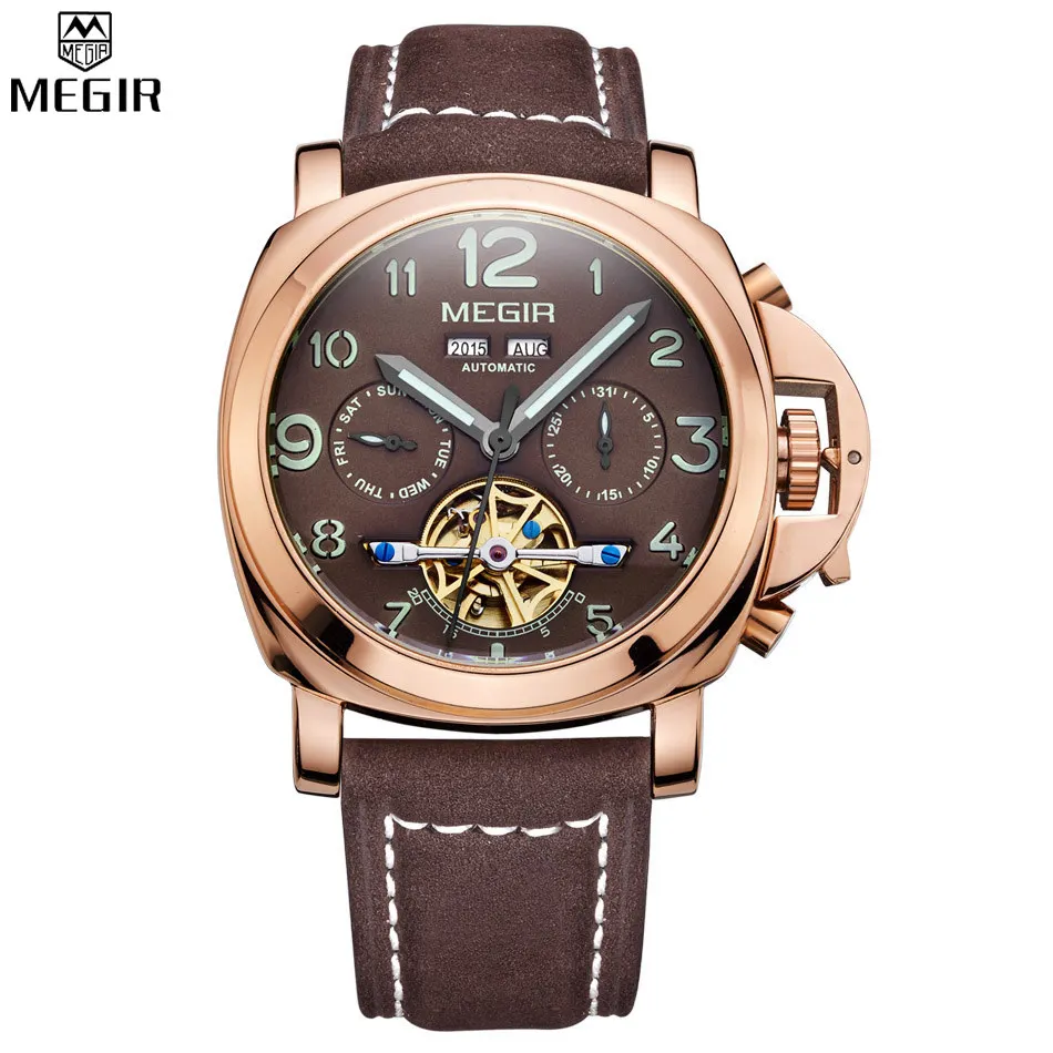 MEGIR Men Mechanical Automatic Multifunction Perpetual Calendar Watch Military Sport Watch Relogio Masculino Leather Watch