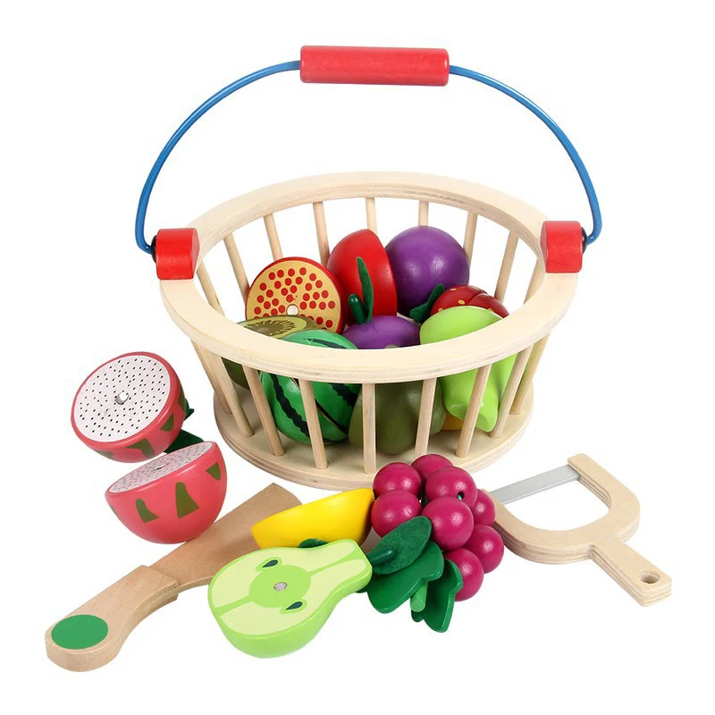 Wooden Children Toys Wood Basket Cutting Fruit Vegetable Game Kitchen