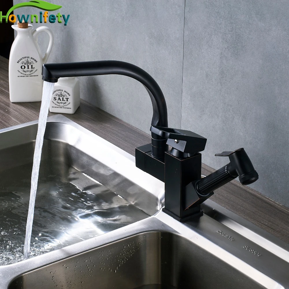 Solid Brass Square Style Kitchen Sink Faucet 360 Degree Swivel Pull Out
