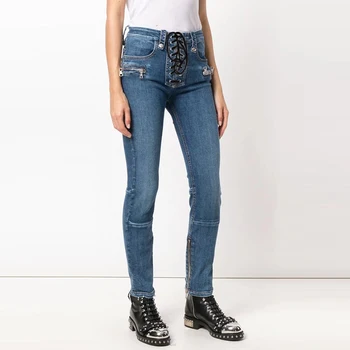 

Women Casual Washed Pencil Jeans With Drawstring Elastic Skinny Mid Wasit Jeans Female Full Length Denim Pants