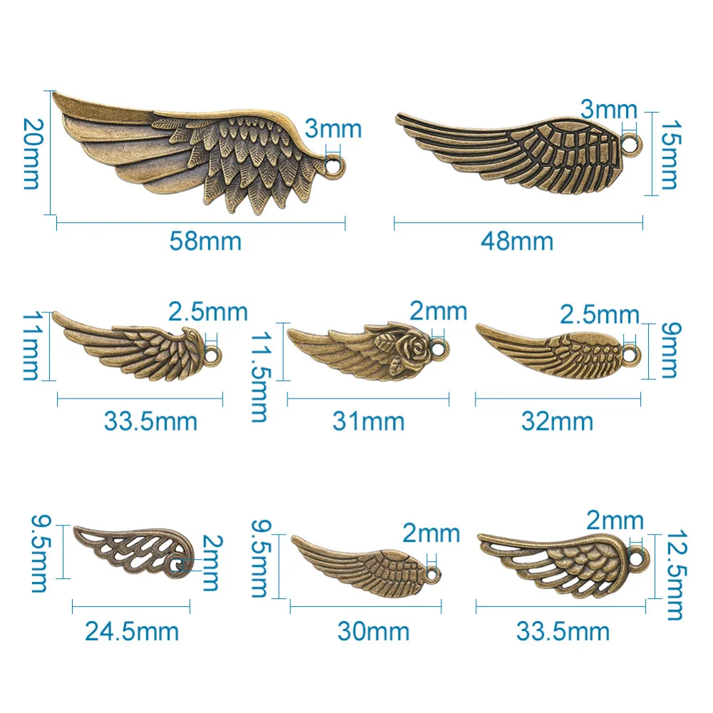 Около 30~ 35 шт/100 г античные серебряные бронзовые сплав Случайные Смешанные формы крыло Кулоны, подвески 24~ 56x9~ 21x1~ 2 мм, отверстие: 1,5~ 5x2~ 3 мм