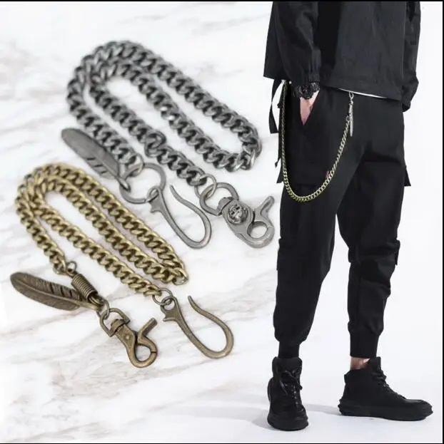 

Mens Black Gun Extra Long Wallet Chains Thick Metal Cuban Curb Links KeyChain Black Leather Skull Jeans Chunky Biker Chain -80cm