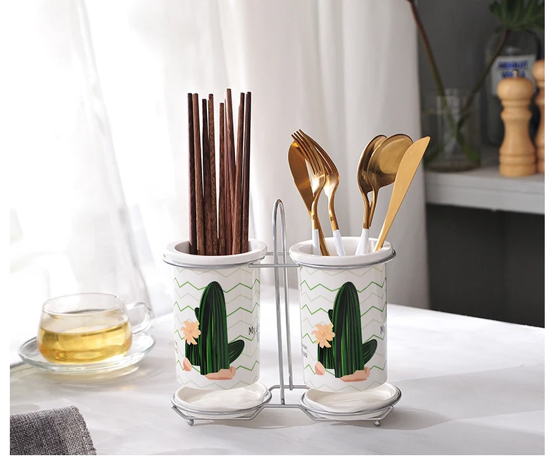 

Green Cactus Design Ceramic Spoon Fork Knife Chopsticks Draining Holder Kitchen Organizer Do Not Including Dinnerware