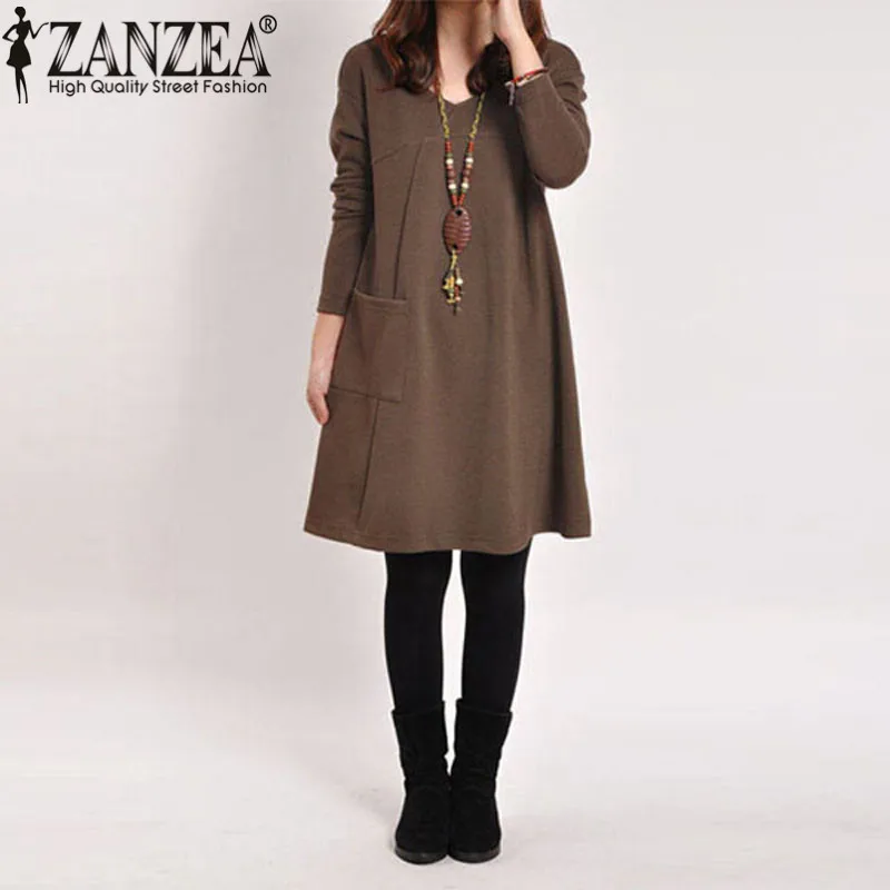 

5 Colors ZANZEA Spring Autumn 2019 Elegant Women Dress Casual Long Sleeve Pocket Solid O Neck Loose Dresses Vestidos Plus Size