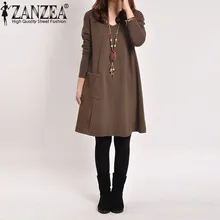 5 Colors ZANZEA Spring Autumn 2019 Elegant Women Dress Casual Long Sleeve Pocket Solid O Neck