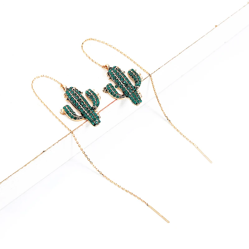 

BALANBIU Unique Green Crystal Cactus Gold Color Long Chain Threader Earrings For Women Gifts Dangle Earrings Fashion Jewellery
