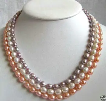 

7-8mm 3 Rows Multi-Color Genuine Pink White Purple Pearl Clasp Necklace 18-20"H