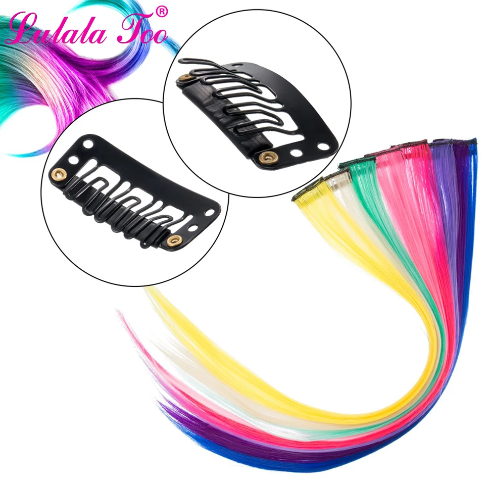 Clip in One Piece Hair Extensions 50cm 20inch Long Synthetic Straight Fake Hair Clip On Hair Pieces Women Girls Pink Purple Blue