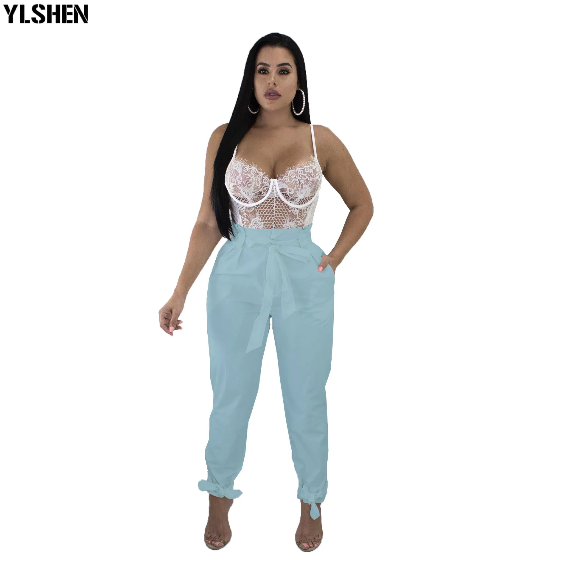 

2019 Sexy Plus Size Women Pants Summer Fashion High Waist with Sashes Long Pants Vintage Active Wear Casual Butterfly Outfits