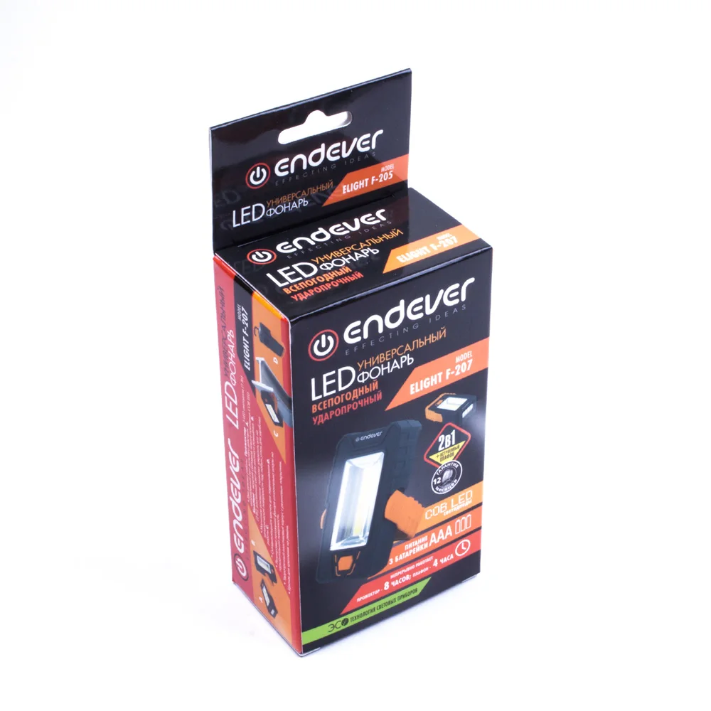 Универсальный LED фонарь Endever Elight F-207 orange  black 97110 (Ударопрочный пластик, 2 типа освещения, 120 люмен, LED (1 Вт) + 1 СОВ LED (3 Вт), оснащён поворотной подставкой со встроенным магнитом)