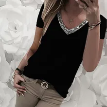 Модные женские повседневные сексуальные топы с блестками, коротким рукавом и v-образным вырезом, тонкие повседневные однотонные Топы ropa mujer