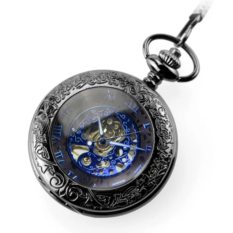 

Antique Skeleton Blue Roman Numerals Dial Black Alloy Case Mechanical Hand Wind Long Fob Chain Clock Men Pocket Watch