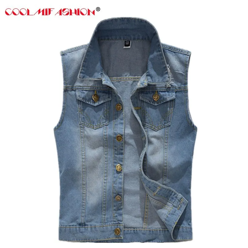 Vintage Design Men's Denim Vest Male Bule Color Slim Fit Sleeveless