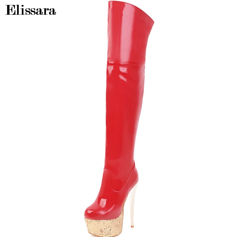 Pour Genou Zip Haute Noir blanc Le Talons 47 Sur Cuisse Plate Bottes 33 Elissara Femme Parti La Hauts Taille Chaussures De Plus rouge forme Femmes Hiver Du qwY7A7