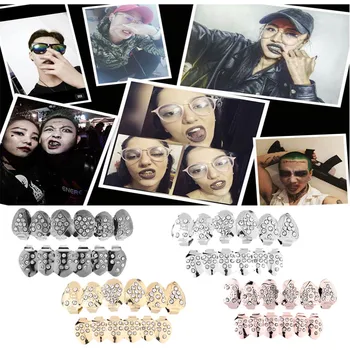 

1 Set Gold Plated Hip Hop Teeth Grillz Top & Bottom Grill Teeth Grills Fashion Full Diamond Row Metal Hip Hop Braces Dropship