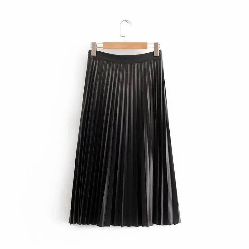 QZ1810 Женская Элегантная черная плиссированная юбка женская из искусственной кожи короткая подходящая ко всем юбкам Saias - Цвет: Черный