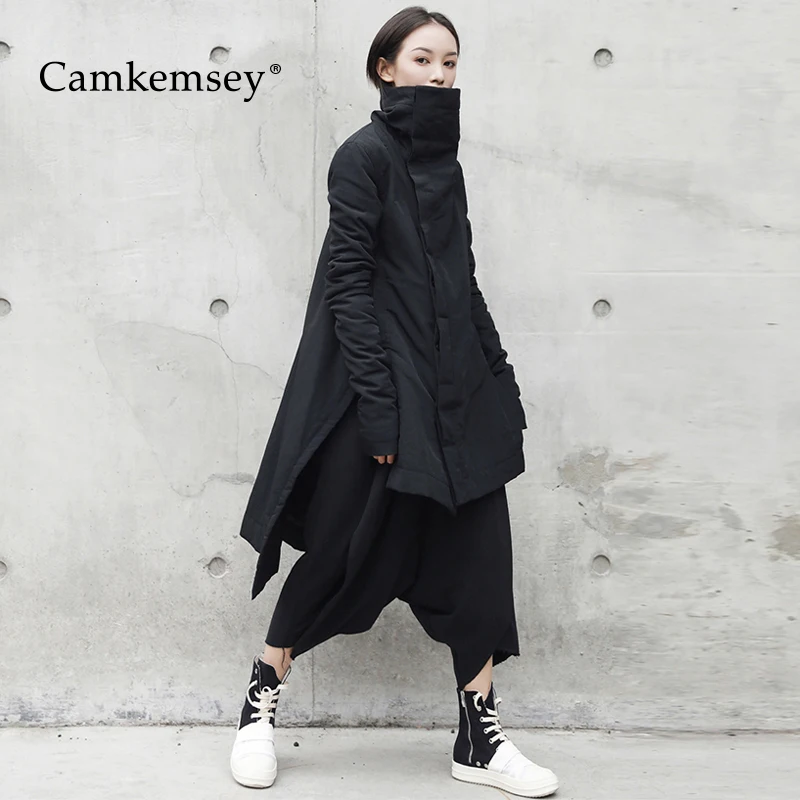 CamKemsey 2019 New Fashion Stand Collar Black Winter Coats Women Warm Down Cotton Padded Elegant Long Type Winter Jackets