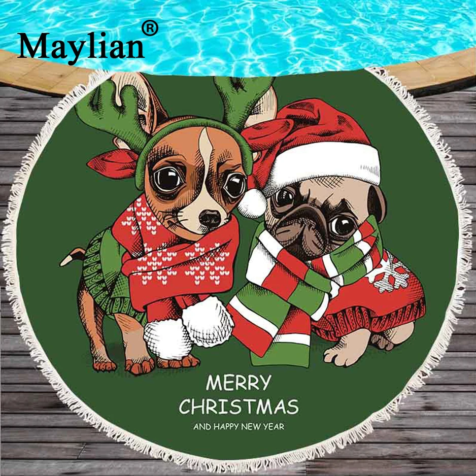 Круглое пляжное полотенце с бахромой из микрофибры надписью Merry Christmas банное