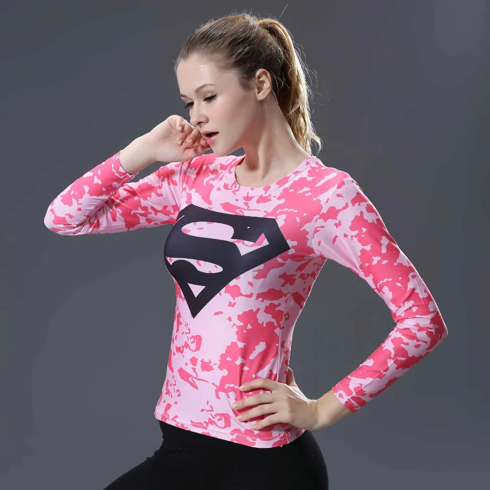 Superman T-shirts Women Long Sleeve Fitness Absorb Sweat Woman T Shirt Compression Tops Camisetas Mujer Quick Dry