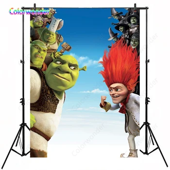 

Kids Photography Background Green Freak Shrek with Rumpelstiltskin and Friends 5x7ft Blue Sky with White Clouds Kids Backdrops